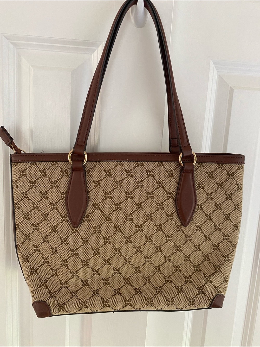 Nine West Brown Monogram-Style Tote with Tan Canvas - Picture 2 of 12